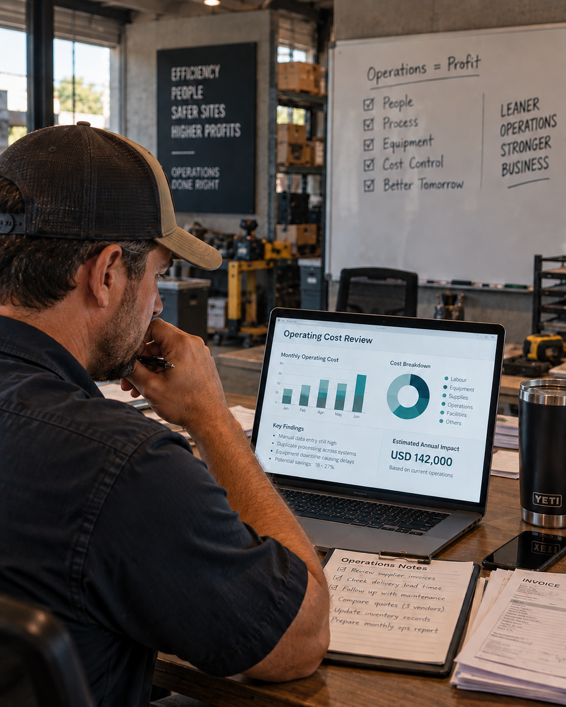 An operations manager reviewing an operating cost report on a laptop in a working SME environment